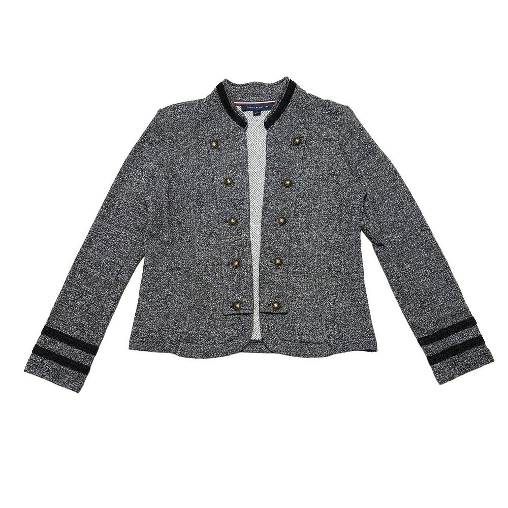 Tommy Hilfiger Napoleon Jacket Women M Black Gray Open Front Military Band
